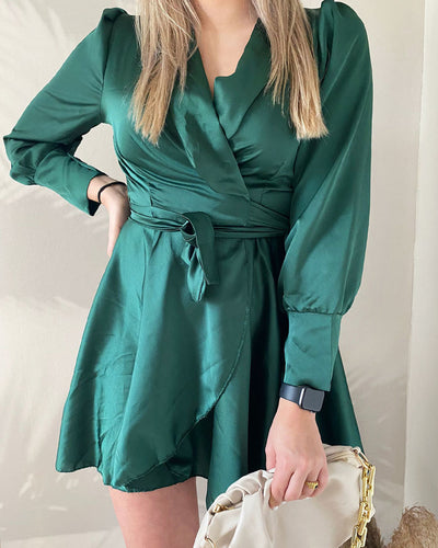 Emerald Satin Wrap Dress